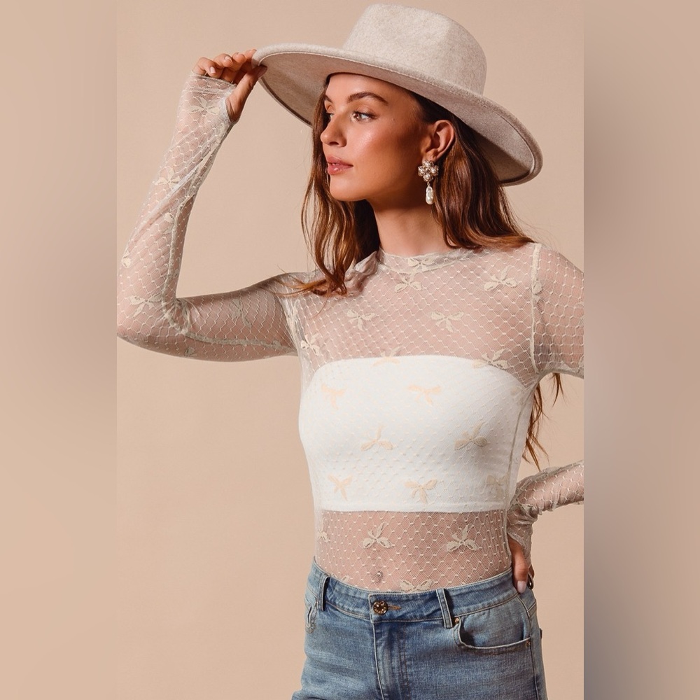 SO ME Bow Ribbon Pattern Sheer Lace Top
